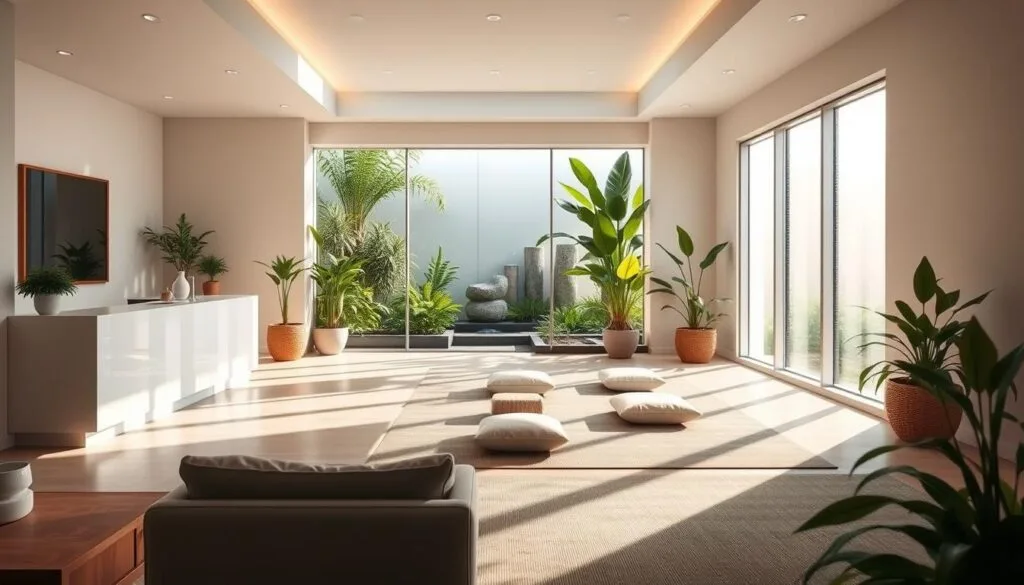 A serene and inviting wellness center, bathed in natural light filtering through large windows. In the foreground, a modern and minimalist reception area with sleek furniture and a welcoming reception desk. In the middle ground, a tranquil meditation space with plush cushions arranged in a peaceful setting. The background showcases a lush indoor garden, with verdant plants and soothing water features, creating a calming and rejuvenating atmosphere. The overall mood is one of balance, harmony, and a focus on holistic well-being.