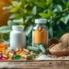 A serene, naturalistic still life showcasing an array of high-quality natural health supplements. In the foreground, a selection of vibrant, organically shaped capsules, tablets, and powders in earthy tones. Arranged artfully against a backdrop of lush, verdant foliage, the lighting gently illuminates the products, highlighting their purity and potency. In the middle ground, a wooden surface or rustic tabletop provides a warm, grounded foundation. The overall atmosphere conveys a sense of wellness, vitality, and the restorative power of nature-based solutions for better health.