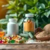 A serene, naturalistic still life showcasing an array of high-quality natural health supplements. In the foreground, a selection of vibrant, organically shaped capsules, tablets, and powders in earthy tones. Arranged artfully against a backdrop of lush, verdant foliage, the lighting gently illuminates the products, highlighting their purity and potency. In the middle ground, a wooden surface or rustic tabletop provides a warm, grounded foundation. The overall atmosphere conveys a sense of wellness, vitality, and the restorative power of nature-based solutions for better health.