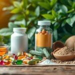 A serene, naturalistic still life showcasing an array of high-quality natural health supplements. In the foreground, a selection of vibrant, organically shaped capsules, tablets, and powders in earthy tones. Arranged artfully against a backdrop of lush, verdant foliage, the lighting gently illuminates the products, highlighting their purity and potency. In the middle ground, a wooden surface or rustic tabletop provides a warm, grounded foundation. The overall atmosphere conveys a sense of wellness, vitality, and the restorative power of nature-based solutions for better health.