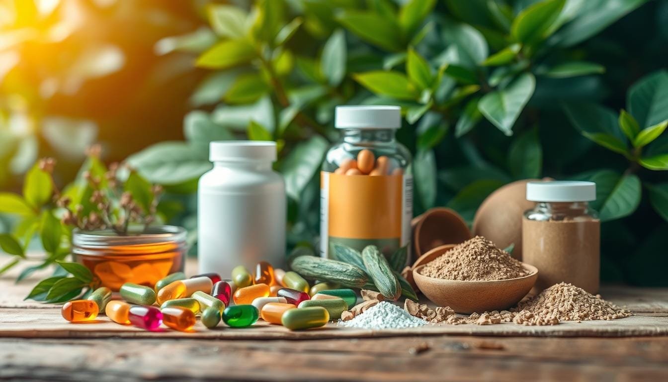 A serene, naturalistic still life showcasing an array of high-quality natural health supplements. In the foreground, a selection of vibrant, organically shaped capsules, tablets, and powders in earthy tones. Arranged artfully against a backdrop of lush, verdant foliage, the lighting gently illuminates the products, highlighting their purity and potency. In the middle ground, a wooden surface or rustic tabletop provides a warm, grounded foundation. The overall atmosphere conveys a sense of wellness, vitality, and the restorative power of nature-based solutions for better health.