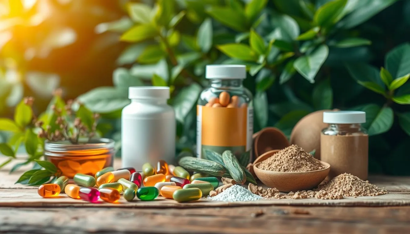 A serene, naturalistic still life showcasing an array of high-quality natural health supplements. In the foreground, a selection of vibrant, organically shaped capsules, tablets, and powders in earthy tones. Arranged artfully against a backdrop of lush, verdant foliage, the lighting gently illuminates the products, highlighting their purity and potency. In the middle ground, a wooden surface or rustic tabletop provides a warm, grounded foundation. The overall atmosphere conveys a sense of wellness, vitality, and the restorative power of nature-based solutions for better health.