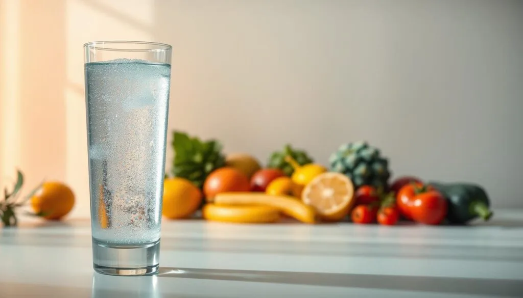 A serene, well-lit scene showcasing the health benefits of hydrogen water. In the foreground, a clear glass filled with sparkling, effervescent water, casting a soft, luminous glow. In the middle ground, an assortment of fresh, vibrant fruits and vegetables, symbolizing the natural, wholesome properties of hydrogen-rich water. The background features a tranquil, minimalist setting, with clean lines and muted tones, creating a sense of balance and calm. The lighting is soft and diffused, casting a warm, inviting ambiance that highlights the purity and rejuvenating qualities of the hydrogen water. The overall composition conveys the refreshing and restorative benefits of this innovative health elixir. A serene, well-lit scene showcasing the health benefits of hydrogen water. In the foreground, a clear glass filled with sparkling, effervescent water, casting a soft, luminous glow. In the middle ground, an assortment of fresh, vibrant fruits and vegetables, symbolizing the natural, wholesome properties of hydrogen-rich water. The background features a tranquil, minimalist setting, with clean lines and muted tones, creating a sense of balance and calm. The lighting is soft and diffused, casting a warm, inviting ambiance that highlights the purity and rejuvenating qualities of the hydrogen water. The overall composition conveys the refreshing and restorative benefits of this innovative health elixir.