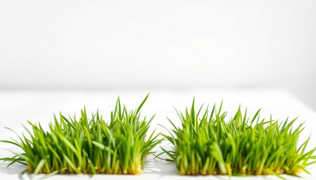 A side-by-side visual comparison of freshly harvested barley grass and wheatgrass, meticulously photographed under natural daylight. The grasses are arranged in a minimalist layout, their vibrant green hues contrasting against a crisp white background. The foreground features the two types of grass in equal measure, allowing for a detailed examination of their subtle differences in texture, blade width, and overall appearance. The middle ground provides a sense of depth, with a soft, blurred backdrop accentuating the focus on the grasses. Careful lighting from the left side casts gentle shadows, lending depth and dimensionality to the scene. The overall mood is one of scientific curiosity and healthy, organic vibrancy, inviting the viewer to closely inspect and appreciate the unique qualities of these nutritious superfoods.