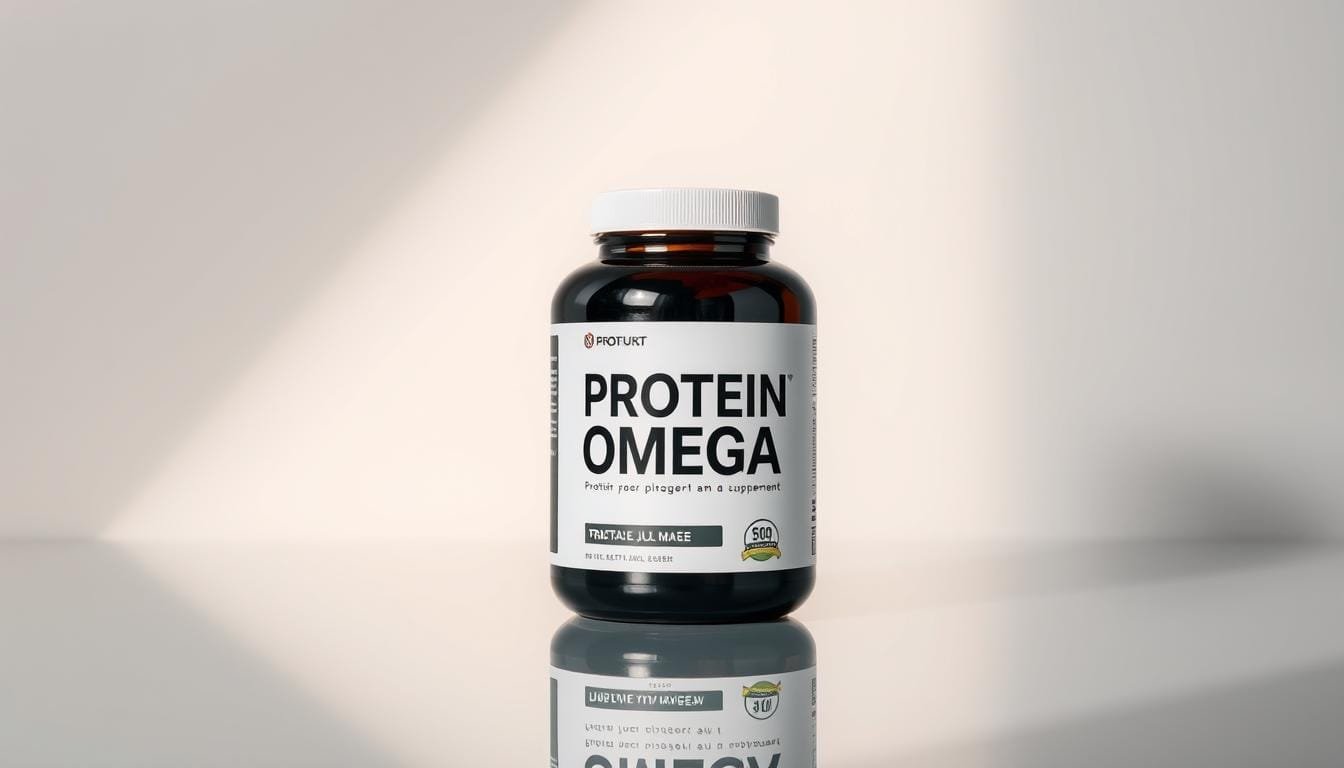 A sleek and modern protein supplement bottle, showcasing the "Protein Omega" label in a clean, minimalist design. The bottle is positioned on a reflective, glass-like surface, casting a subtle shadow below. Soft, directional lighting illuminates the supplement from the side, creating a sense of depth and dimension. The overall scene has a professional, high-quality aesthetic, inviting the viewer to imagine the premium quality of the product. The background is a simple, neutral color that allows the supplement bottle to be the focal point, drawing the eye to the key details and branding.