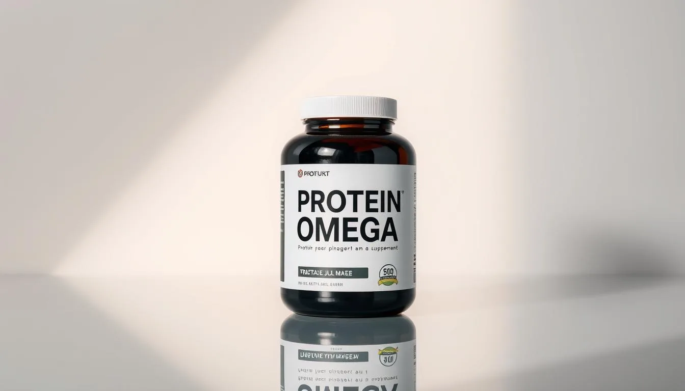 A sleek and modern protein supplement bottle, showcasing the "Protein Omega" label in a clean, minimalist design. The bottle is positioned on a reflective, glass-like surface, casting a subtle shadow below. Soft, directional lighting illuminates the supplement from the side, creating a sense of depth and dimension. The overall scene has a professional, high-quality aesthetic, inviting the viewer to imagine the premium quality of the product. The background is a simple, neutral color that allows the supplement bottle to be the focal point, drawing the eye to the key details and branding.