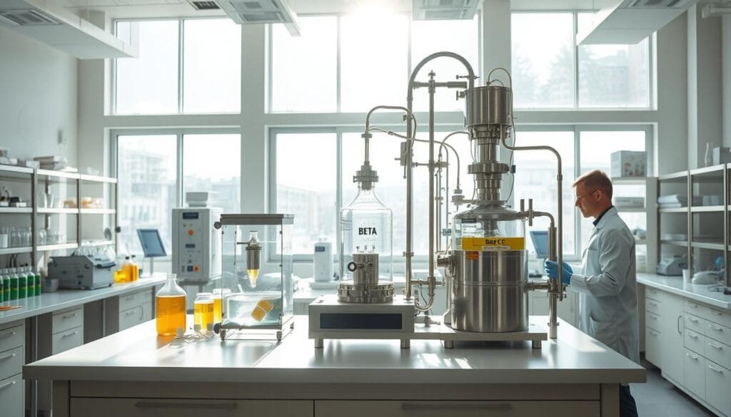 A state-of-the-art pharmaceutical lab, brightly lit by natural light streaming in through large windows. On the central workbench, a sophisticated Beta-C extraction apparatus stands prominently, its glass containers and stainless steel components gleaming. Nearby, lab technicians in crisp white coats carefully monitor the extraction process, ensuring precision and purity. The atmosphere is one of scientific rigor and innovation, conveying the meticulous care taken to unlock the powerful health benefits of this unique botanical compound.
