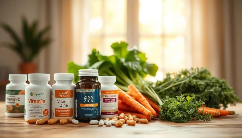 A still-life arrangement showcasing key ingredients for eye health, captured in soft, natural lighting. In the foreground, an assortment of supplements such as vitamin C, zinc, and lutein are neatly arranged on a wooden surface. The midground features vibrant, freshly-picked leafy greens and carrots, symbolizing the importance of a nutrient-rich diet for eye well-being. In the background, a blurred out window allows warm, diffused daylight to filter in, creating a serene, contemplative atmosphere. The composition is balanced and visually appealing, inviting the viewer to explore the essential components that contribute to overall eye health.