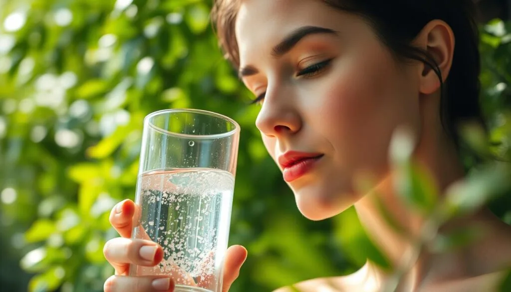 A tranquil scene of a person sipping from a glass of clear, sparkling water against a backdrop of lush greenery. The water's surface gently ripples, reflecting the natural light that filters through the verdant foliage. The figure is positioned in the foreground, their expression serene and contemplative, conveying the refreshing and restorative properties of the hydrogen-infused water. The scene is captured with a shallow depth of field, focusing the viewer's attention on the central subject while hinting at the verdant, calming environment surrounding them. Soft, diffused lighting creates a warm, inviting atmosphere, emphasizing the healthful, natural essence of the hydrogen water consumption experience. A tranquil scene of a person sipping from a glass of clear, sparkling water against a backdrop of lush greenery. The water's surface gently ripples, reflecting the natural light that filters through the verdant foliage. The figure is positioned in the foreground, their expression serene and contemplative, conveying the refreshing and restorative properties of the hydrogen-infused water. The scene is captured with a shallow depth of field, focusing the viewer's attention on the central subject while hinting at the verdant, calming environment surrounding them. Soft, diffused lighting creates a warm, inviting atmosphere, emphasizing the healthful, natural essence of the hydrogen water consumption experience.