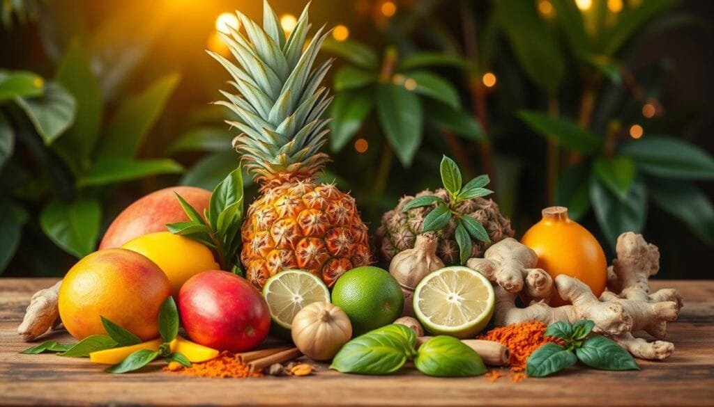 A tropical still life showcasing an array of vibrant ingredients for a liver-cleansing blend. In the foreground, a selection of fresh tropical fruits - ripe mango, juicy pineapple, and zesty lime - arranged artfully on a wooden table. Surrounding them, a collection of potent liver-supporting herbs and spices, including ginger, turmeric, and holy basil, creating a harmonious color palette. Warm, diffused lighting filters through lush, verdant foliage in the background, evoking a serene, rejuvenating atmosphere. The entire scene is captured through a crisp, high-resolution lens, highlighting the natural textures and vibrant hues of this nourishing "Tropical Liver Support Blend".
