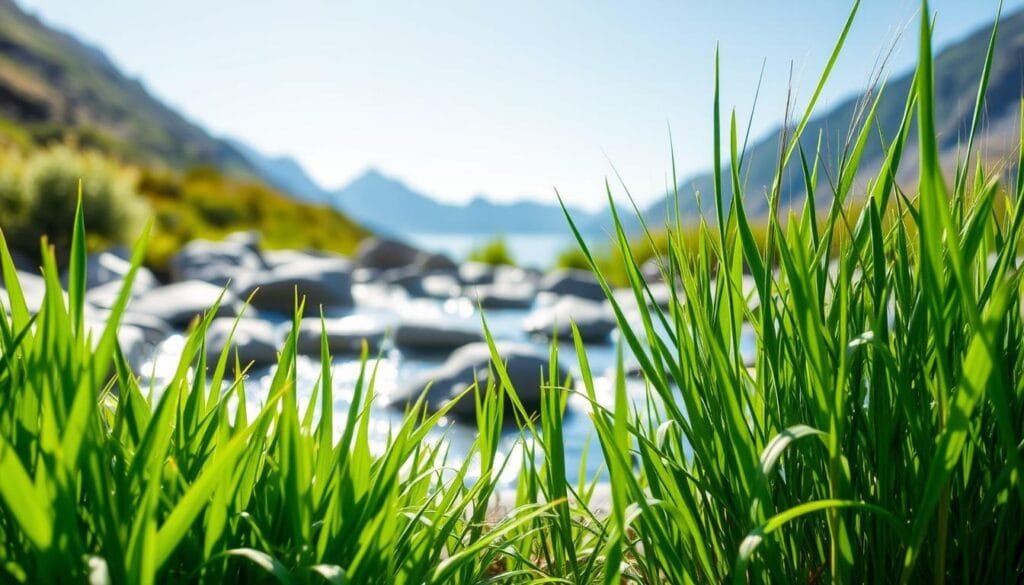 A verdant garden scene, illuminated by soft, natural light. In the foreground, a cluster of lush barley grass and wheatgrass sprouts, their vibrant green hues radiating a sense of vitality and purity. The middle ground features a flowing stream, its crystal-clear waters gently cascading over smooth rocks, symbolizing the cleansing and detoxifying properties of these nutrient-rich plants. In the background, a serene, mountainous landscape with towering peaks and a clear, azure sky, conveying a sense of balance, harmony, and the restorative power of nature. The overall atmosphere is one of tranquility, rejuvenation, and the inherent connection between the human body and the natural world.