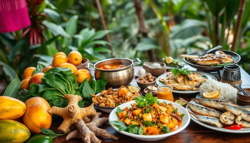 A vibrant Malaysian dining table, filled with diverse dishes and ingredients. In the foreground, an array of colorful fruits and vegetables - mangoes, papayas, leafy greens, and turmeric root. In the middle, a simmering pot of traditional Malay stew, rich with spices and herbs. Alongside, platters of grilled fish, fragrant coconut rice, and a selection of fermented condiments. The background features a lush, tropical setting, with verdant foliage and a warm, diffused light filtering through. The overall scene conveys a sense of nourishment, balance, and the interplay between the Malaysian diet and gut health.