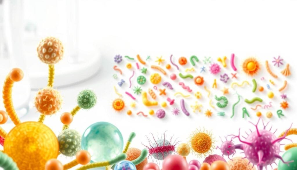 A vibrant and detailed illustration of common probiotic strains, captured in a clean, scientific style. The foreground features several distinctive bacterial shapes, including rods, spheres, and spiral forms, rendered with intricate textures and subtle gradients to convey their microscopic complexity. The middle ground showcases a diverse array of these beneficial microorganisms, each strain represented by its unique morphology, arranged in an orderly, grid-like pattern against a crisp, white backdrop. The background subtly suggests a laboratory setting, with hints of glassware and diagnostic equipment, creating a sense of clinical authority and professionalism. Soft, directional lighting from the left side casts subtle shadows, emphasizing the three-dimensional forms and lending an air of depth and solidity to the overall composition.