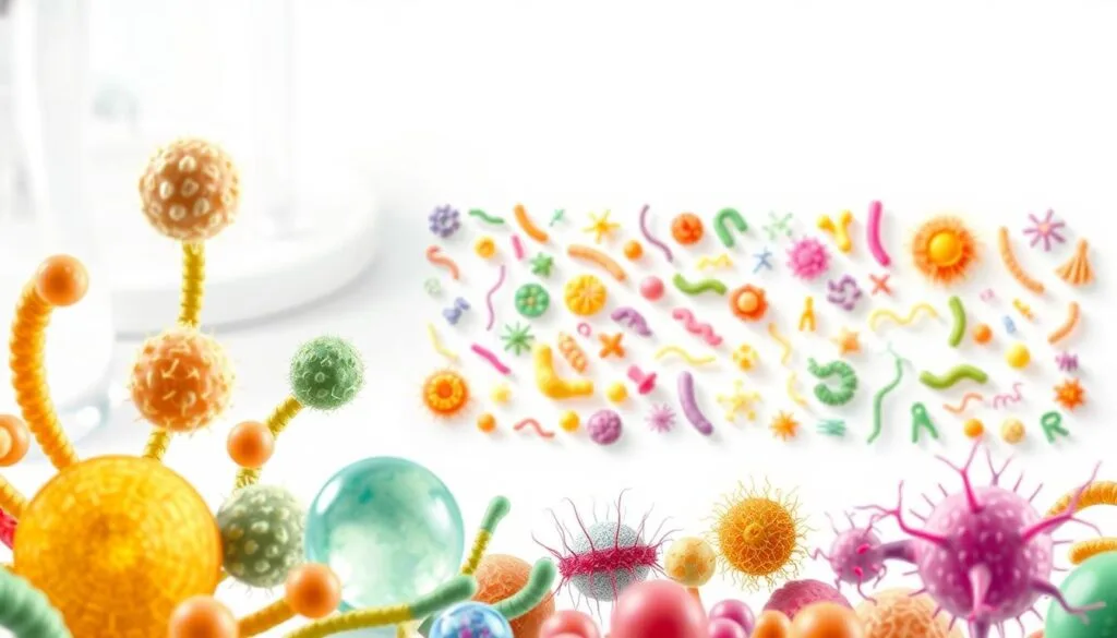 A vibrant and detailed illustration of common probiotic strains, captured in a clean, scientific style. The foreground features several distinctive bacterial shapes, including rods, spheres, and spiral forms, rendered with intricate textures and subtle gradients to convey their microscopic complexity. The middle ground showcases a diverse array of these beneficial microorganisms, each strain represented by its unique morphology, arranged in an orderly, grid-like pattern against a crisp, white backdrop. The background subtly suggests a laboratory setting, with hints of glassware and diagnostic equipment, creating a sense of clinical authority and professionalism. Soft, directional lighting from the left side casts subtle shadows, emphasizing the three-dimensional forms and lending an air of depth and solidity to the overall composition. A vibrant and detailed illustration of common probiotic strains, captured in a clean, scientific style. The foreground features several distinctive bacterial shapes, including rods, spheres, and spiral forms, rendered with intricate textures and subtle gradients to convey their microscopic complexity. The middle ground showcases a diverse array of these beneficial microorganisms, each strain represented by its unique morphology, arranged in an orderly, grid-like pattern against a crisp, white backdrop. The background subtly suggests a laboratory setting, with hints of glassware and diagnostic equipment, creating a sense of clinical authority and professionalism. Soft, directional lighting from the left side casts subtle shadows, emphasizing the three-dimensional forms and lending an air of depth and solidity to the overall composition.