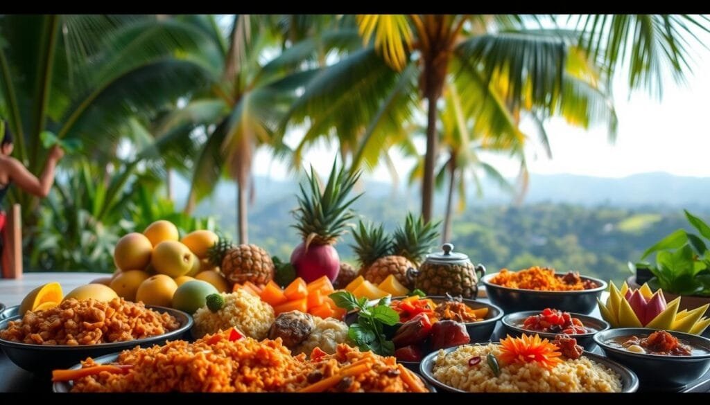 A vibrant and diverse Malaysian meal, showcasing the rich culinary heritage of the country. In the foreground, a spread of traditional Malaysian dishes, including nasi goreng (fried rice), rendang (slow-cooked meat), and achar (pickled vegetables). The middle ground features a variety of fresh tropical fruits, such as mangoes, pineapples, and dragonfruit, arranged in a visually appealing manner. In the background, a lush, verdant landscape with palm trees and other tropical foliage, capturing the essence of the Malaysian environment. The lighting is warm and natural, creating a welcoming and inviting atmosphere. The image is shot from a slightly elevated angle, providing a comprehensive view of the scene and highlighting the vibrant colors and textures of the Malaysian cuisine.