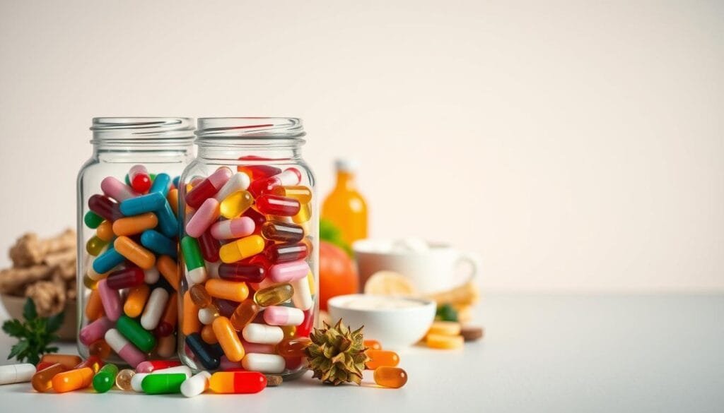 A vibrant and informative image of probiotics set against a clean, minimalist background. In the foreground, a clear glass jar or bottle filled with an array of colorful probiotic capsules, tablets, or powder. The middle ground showcases various probiotic-rich foods like yogurt, kefir, sauerkraut, and kombucha, artfully arranged. The background features a simple, neutral-toned surface, allowing the probiotic elements to take center stage. Soft, diffused lighting illuminates the scene, creating a sense of clarity and wellness. The overall composition conveys the importance of probiotics for gut health in a visually appealing and informative way.