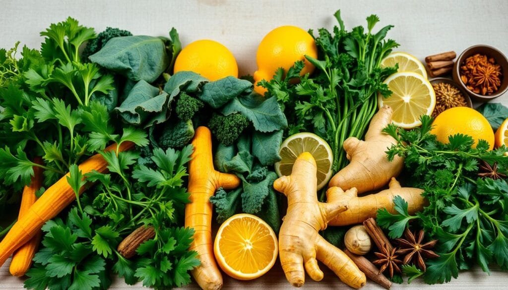 A vibrant arrangement of fresh Malaysian ingredients for a nourishing liver cleanse juice, artfully composed against a soft, natural backdrop. In the foreground, an array of green leafy vegetables such as spinach, kale, and parsley, interspersed with vibrant yellow turmeric roots and ginger slices. The middle ground features plump, juicy citrus fruits like lemons and limes, while the background showcases earthy, aromatic spices like cumin and coriander. The lighting is soft and diffused, creating a warm, inviting atmosphere that highlights the vivid colors and textures of these wholesome, liver-supporting ingredients.