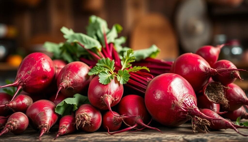 A vibrant arrangement of freshly harvested beetroots, their deep crimson hues glistening under soft, diffused lighting. The roots are displayed prominently in the foreground, their shapes and textures accentuated by a slight side-angle. In the middle ground, a few leaves and stems add a touch of natural greenery, complementing the beets' earthy tones. The background is subtly blurred, evoking the ambiance of a traditional Malaysian kitchen, with hints of warm, wooden tones and gentle shadows. The overall composition conveys a sense of culinary abundance and the versatility of this nutritious root vegetable within the rich tapestry of Malaysian cuisine.