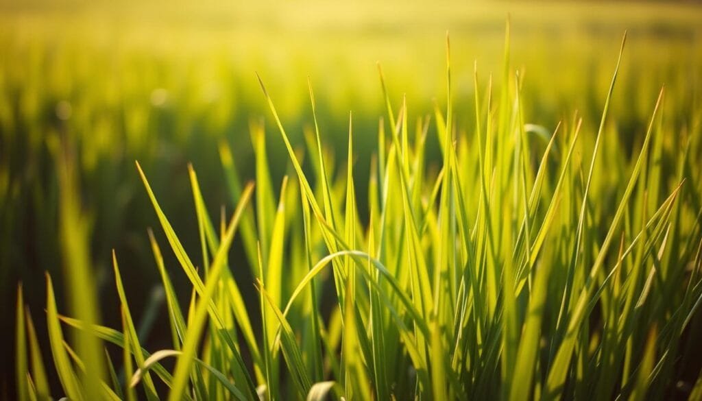 A vibrant close-up photograph of a lush field of organic barley grass, with its slender green blades gently swaying in the warm sunlight. The foreground is dominated by a cluster of the grass, its verdant stalks reaching up towards the camera, while the middle ground features a soft, out-of-focus backdrop of additional barley plants stretching into the distance. The image is captured with a shallow depth of field, emphasizing the detailed texture and healthy appearance of the barley grass in the foreground. The lighting is natural and diffused, creating a serene, calming atmosphere that highlights the purity and vitality of this nutritious superfood.