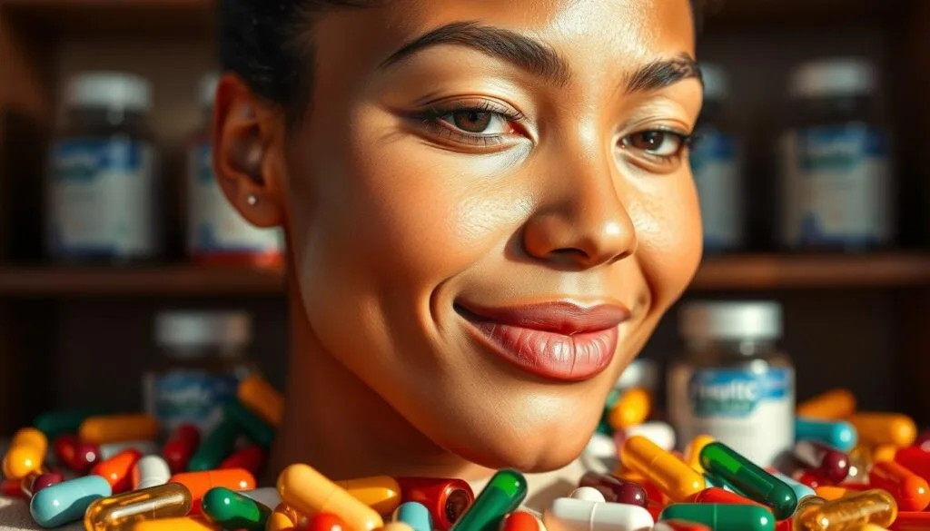 A vibrant, close-up photograph of healthy skin against a background of colorful probiotic supplements and capsules. The skin has a glowing, youthful radiance, with a soft, even texture. The probiotic products are displayed in the foreground, with a range of colors and shapes, suggesting their diversity and benefits. The lighting is warm and natural, highlighting the skin's luminosity and the vivid hues of the supplements. The composition is balanced, with the skin and probiotics taking up equal visual space, emphasizing their synergistic relationship. The overall mood is one of wellness, vitality, and the power of probiotics to support skin health.