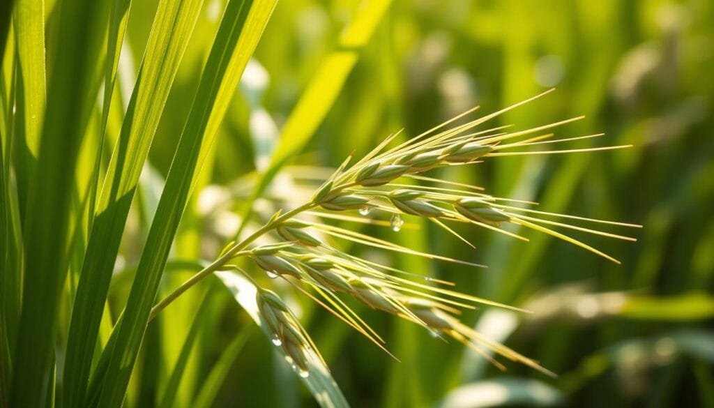 A vibrant, close-up shot of fresh, verdant barley stalks and leaves, bathed in warm, natural sunlight. The foreground features the lush, green hues and delicate textures of the barley, with droplets of dew glistening on the blades. The middle ground showcases the plant's sturdy stems and intricate leaf structures, while the background subtly blurs into a soft, hazy bokeh, creating a sense of depth and focus on the main subject. The lighting is soft and diffused, highlighting the plant's healthy, vibrant appearance and the overall mood is one of calm, serene natural beauty. The composition is balanced and visually appealing, inviting the viewer to appreciate the inherent healthfulness and versatility of this important Malaysian ingredient.