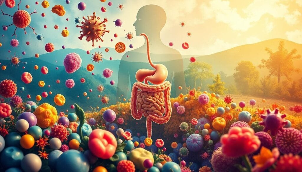 A vibrant, colorful illustration showcasing the synergistic relationship between probiotics and the immune system. In the foreground, a diverse array of probiotic cultures thrive, represented by various shapes and hues. Surrounding them, intricate networks of immune cells, such as lymphocytes and macrophages, interact dynamically. The middle ground features a stylized human digestive system, with the gut microbiome playing a central role. In the background, a serene, watercolor-inspired landscape of verdant flora and soothing hues, symbolizing the holistic wellness promoted by the integration of probiotics and the immune system. Warm, diffused lighting enhances the organic, natural feel of the composition, while a slightly elevated camera angle provides a sense of depth and wonder.