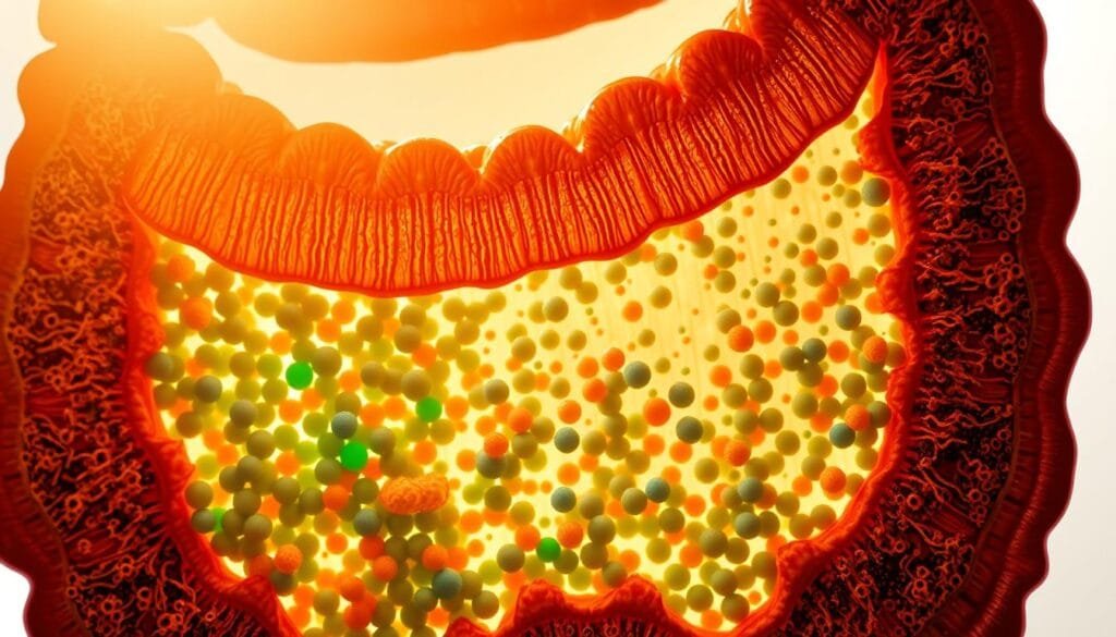 A vibrant cross-section of the human gut, revealing the intricate ecosystem of the microbiome. In the foreground, a diverse array of bacterial colonies in shades of blues, greens, and oranges, thriving in a gelatinous matrix. In the middle ground, the delicate villi of the intestinal lining, each one teeming with microbial life. The background fades into a soft, ethereal gradient, suggesting the complex interplay between the gut and the body's overall health. Lit by a warm, natural light that casts subtle shadows, highlighting the dynamic nature of this vital system. Captured with a high-resolution lens, offering a detailed, almost microscopic view of this crucial component of human wellbeing.