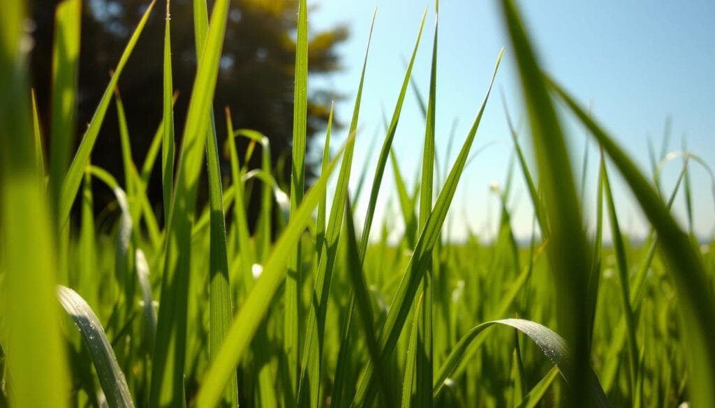 A vibrant field of lush, verdant barley grass sways gently in the warm, golden sunlight. In the foreground, individual blades of grass glisten with morning dew, their delicate textures and subtle shades of green meticulously captured. The middle ground showcases the graceful, ribbon-like stalks reaching skyward, their vibrant hues contrasting beautifully against the clear, azure sky. In the background, a sense of depth is created by the soft, hazy horizon, lending an atmospheric quality to the scene. The overall composition evokes a sense of tranquility and vitality, perfectly encapsulating the essence of barley grass and its renowned health benefits.