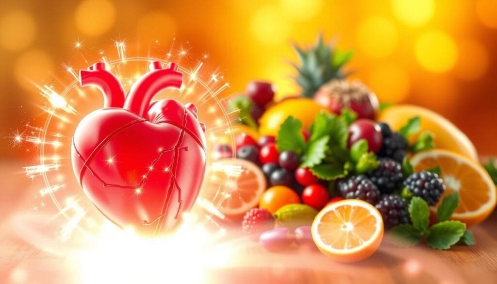 A vibrant, high-resolution image depicting the concept of antioxidant protection for heart health and cancer prevention. In the foreground, a glowing, stylized heart surrounded by a shimmering aura of protective energy, representing the powerful antioxidant properties. In the middle ground, a cluster of colorful, nutrient-rich fruits and vegetables, such as berries, citrus, and leafy greens, symbolizing the natural sources of antioxidants. The background features a warm, golden-hued gradient, with soft, ethereal lighting that casts a soothing, rejuvenating atmosphere. The overall composition conveys a sense of vitality, balance, and the synergistic relationship between antioxidants and well-being.