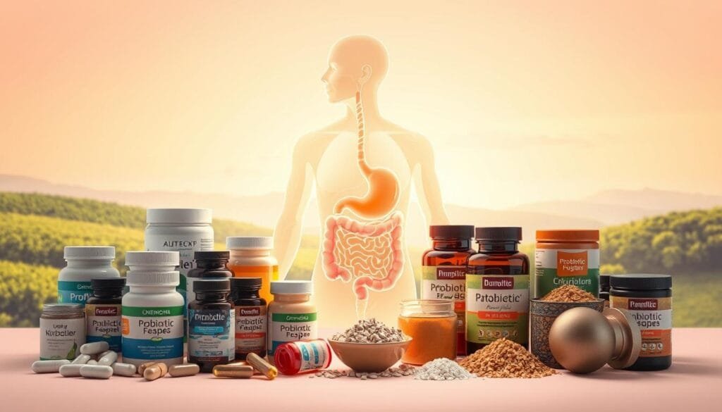 A vibrant, high-resolution image showcasing the benefits of probiotics for gastric health. In the foreground, a collection of diverse probiotic supplements, capsules, and powders, artfully arranged against a soft, pastel-colored background. The middle ground features an anatomical illustration of the human digestive system, with the stomach highlighted and glowing to emphasize its importance. In the background, a serene, soothing landscape featuring lush greenery, gentle rolling hills, and a calming sky, conveying a sense of natural harmony and wellness. The lighting is soft and diffused, creating a warm, inviting atmosphere. The overall composition is visually striking, drawing the viewer's attention to the key elements of probiotics and gastric health.