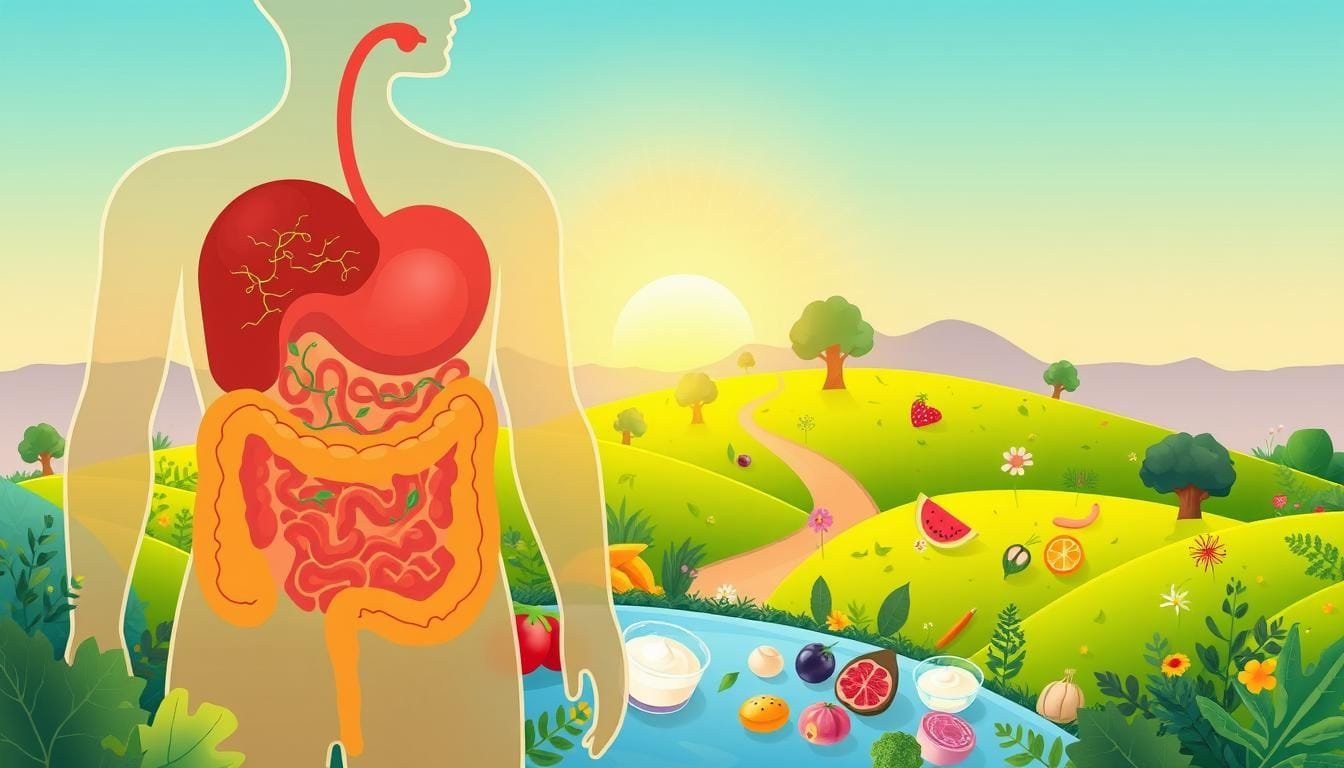 A vibrant illustration showcasing the intricate world of gut health. In the foreground, a stylized cross-section of the human digestive system, highlighting the delicate balance of beneficial bacteria. The middle ground features a lush, verdant landscape dotted with probiotic-rich foods, such as fermented vegetables, yogurt, and kefir. In the background, a warm, glowing sunrise casts a serene, natural light, symbolizing the rejuvenating power of a healthy gut. The overall composition conveys a sense of harmony, vitality, and the importance of nourishing our internal ecosystems for optimal gastric well-being.