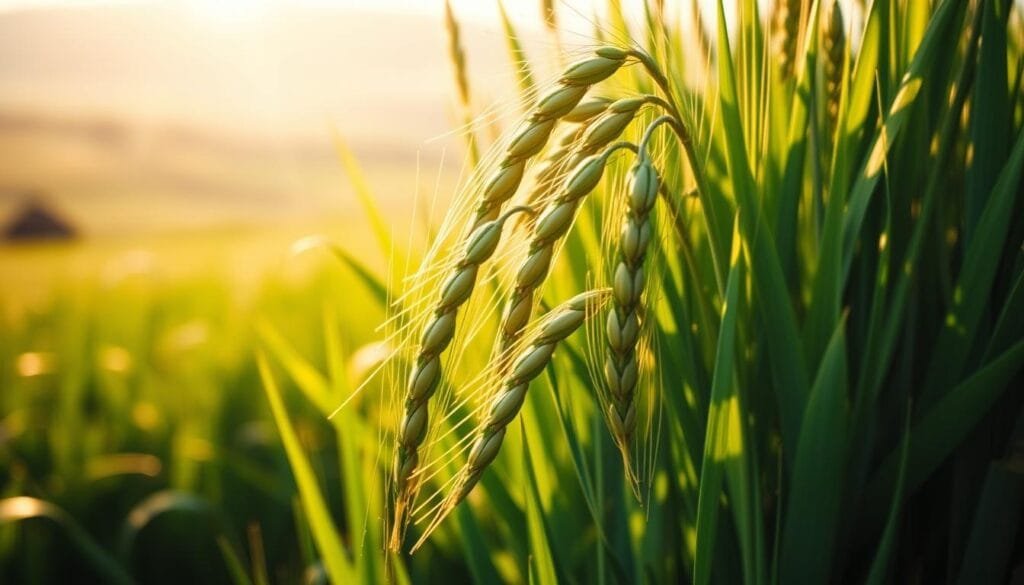A vibrant, macro-level close-up shot of fresh, lush green barley stalks in a field, illuminated by warm, golden afternoon sunlight. The stalks are thick, verdant, and full of life, conveying a sense of natural vitality and health. The background is slightly blurred, with hints of a pastoral landscape in soft focus, evoking a serene, bucolic atmosphere. The overall composition emphasizes the textural details of the barley, capturing its inherent beauty and potential as a natural weight loss aid. The lighting casts dramatic shadows, accentuating the plant's form and structure. The image exudes a sense of harmony, purity, and the restorative power of nature.
