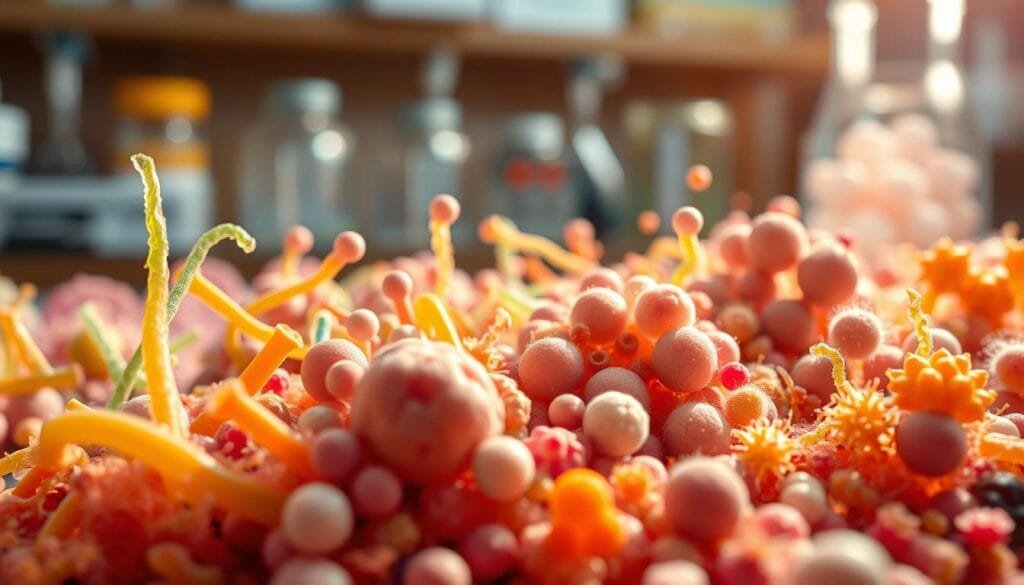 A vibrant microscopic scene showcasing diverse probiotic strains. In the foreground, various rod-shaped, spherical, and spiral-shaped bacteria cultures thrive in a rich, nutrient-dense medium, their cell walls and internal structures clearly visible under high magnification. The middle ground features clusters of beneficial microbes, each strain distinctly colored and textured, creating a harmonious microbial community. In the background, a blurred landscape of laboratory equipment and glassware hints at the scientific context, while soft, directional lighting casts a warm, inviting glow over the entire composition, emphasizing the essential role of probiotics in supporting human health.