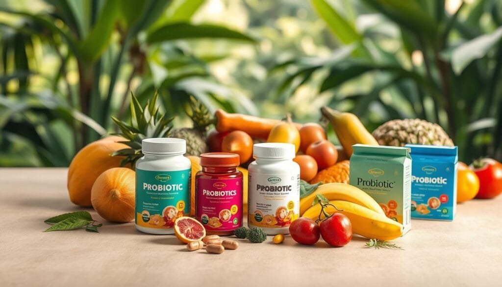 A vibrant still life capturing the essence of probiotics for healthy digestion in Malaysia. In the foreground, an array of colorful probiotic supplements in sleek, modern packaging are arranged artfully on a smooth, natural-toned surface. The middle ground features an assortment of fresh, lush tropical fruits and vegetables, symbolizing the nourishing ingredients that support gut health. In the background, a serene, lush greenery backdrop evokes the tranquility and balance of a wellness-focused lifestyle. Soft, warm lighting casts a gentle glow, highlighting the premium quality and natural appeal of the probiotic products. The overall scene conveys a sense of trust, effectiveness, and wellness - the perfect illustration for "Wellness Concept: Your Trusted Partner for Probiotic Solutions".