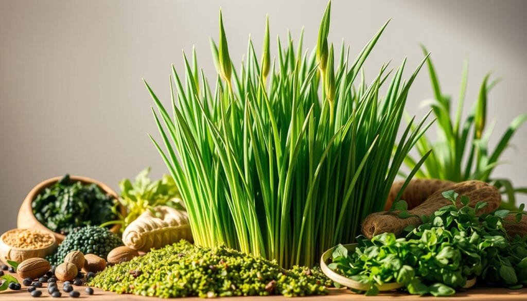 A vibrant still life showcasing a variety of superfoods, including a prominent display of lush green barley grass, set against a neutral background. The barley grass stands out with its verdant hues and textured blades, surrounded by complementary ingredients like spirulina, wheatgrass, and other nutrient-dense greens. Soft, natural lighting bathes the scene, creating a sense of warmth and vitality. The composition is balanced and visually appealing, inviting the viewer to appreciate the nutritional benefits of these superfoods, with the barley grass as the focal point.