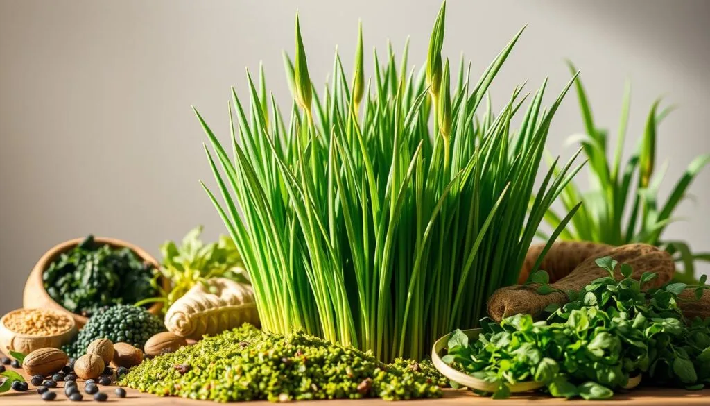 A vibrant still life showcasing a variety of superfoods, including a prominent display of lush green barley grass, set against a neutral background. The barley grass stands out with its verdant hues and textured blades, surrounded by complementary ingredients like spirulina, wheatgrass, and other nutrient-dense greens. Soft, natural lighting bathes the scene, creating a sense of warmth and vitality. The composition is balanced and visually appealing, inviting the viewer to appreciate the nutritional benefits of these superfoods, with the barley grass as the focal point.