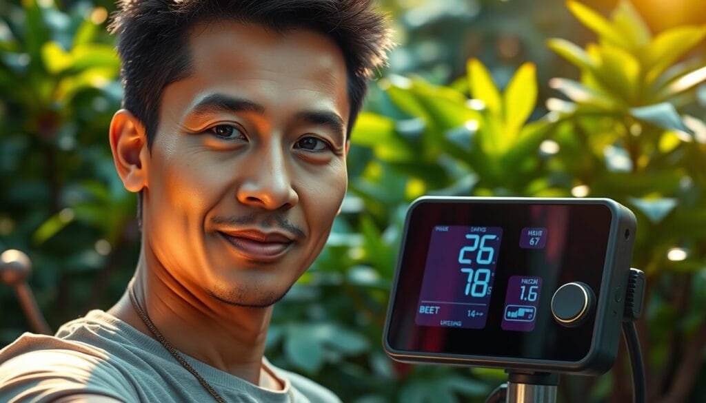 A vibrantly colored, photorealistic image of a healthy, glowing Malaysian person's blood pressure reading on a digital monitor, set against a backdrop of lush, verdant Malaysian jungle foliage. The subject's expression conveys a sense of vitality and well-being, with the monitor displaying optimal blood pressure levels. Soft, warm lighting illuminates the scene, creating a serene and inviting atmosphere. The composition emphasizes the benefits of beetroot juice consumption, highlighting its positive impact on cardiovascular health. The image should inspire viewers to consider the advantages of incorporating beetroot juice into their diet to maintain a healthy blood pressure.