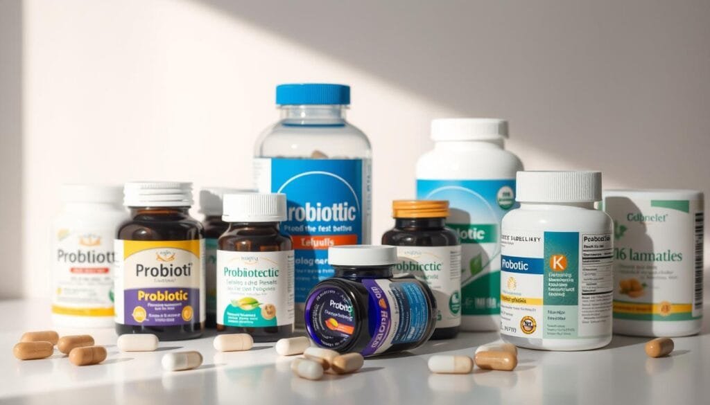 A well-lit, close-up photograph of various probiotic supplement bottles and capsules arranged on a clean, white surface. The bottles and containers should have clear labels showcasing their brand names, ingredients, and health claims. The lighting should be soft and natural, with a slight shadow to create depth and dimension. The camera angle should be slightly angled to capture the three-dimensional quality of the supplements. The overall mood should be informative, clinical, and visually appealing, highlighting the quality and diversity of probiotic supplements available in the Malaysian market.