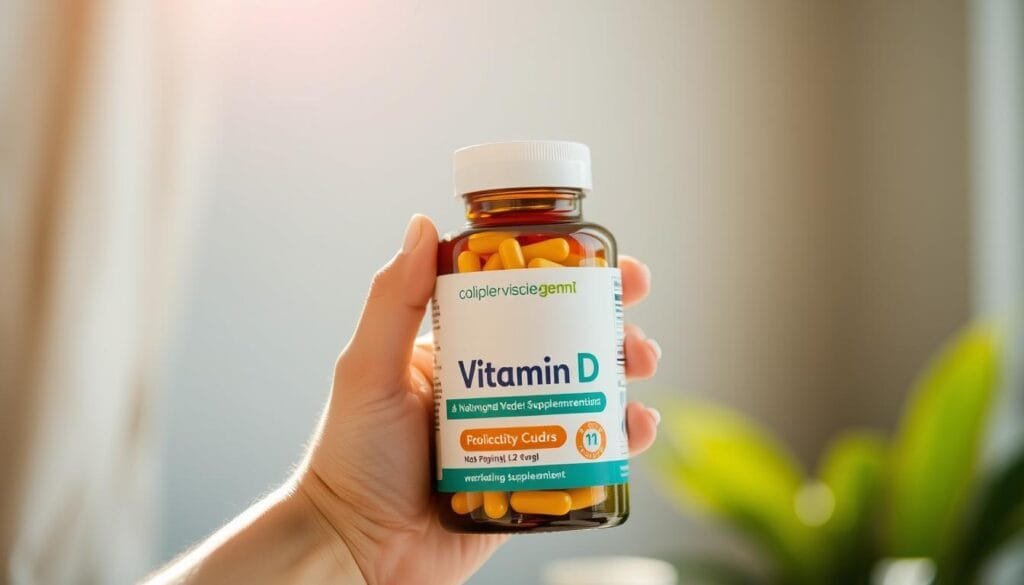A well-lit, close-up view of a person's hand holding a bottle of vitamin D supplements. The bottle is positioned prominently in the foreground, with a soft, natural lighting highlighting the label and capsules inside. The background is blurred, creating a sense of depth and focus on the subject. The overall composition conveys a sense of health, wellness, and the importance of proper vitamin D supplementation.