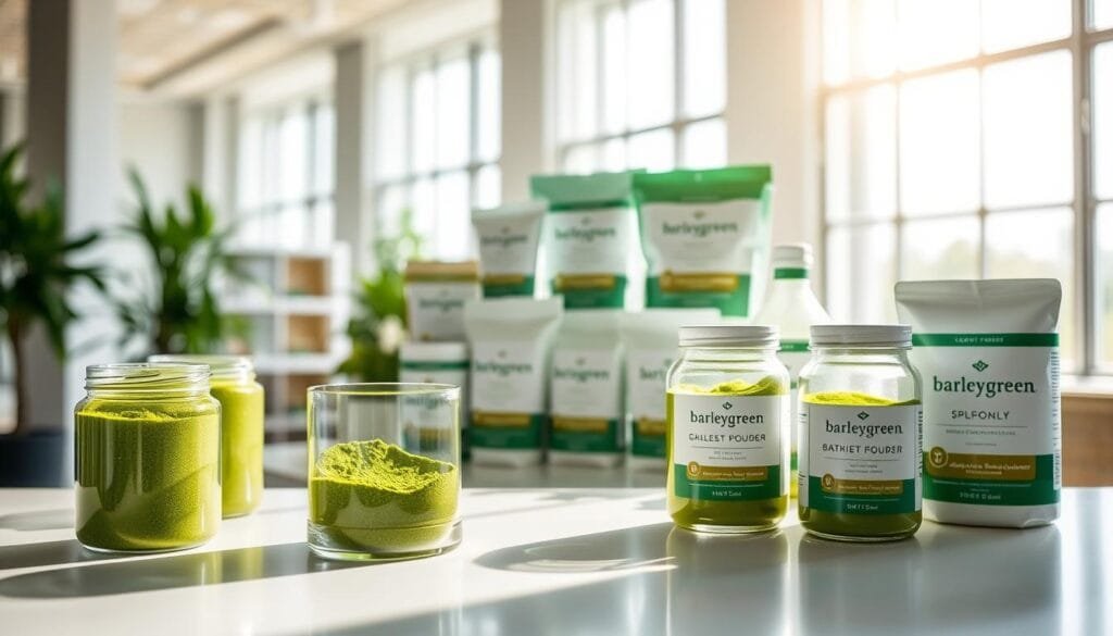 A well-lit display of high-quality barleygreen products, showcased in a clean, modern setting. In the foreground, glass jars filled with vibrant green powder stand atop a sleek, minimalist table, casting soft shadows. The middle ground features neatly arranged packages and bottles, each with a simple, elegant design that highlights the purity and potency of the barleygreen supplements. The background is a bright, airy space with large windows, allowing natural light to bathe the scene in a warm, wellness-inspired glow. The overall composition conveys a sense of purity, trust, and the brand's commitment to providing premium, health-focused barleygreen solutions.