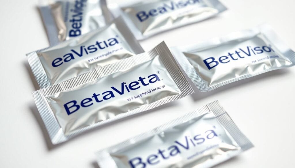 A well-lit, high-resolution, close-up photograph of several foil-wrapped BetaVision eye supplement sachets, arranged neatly on a plain white background. The sachets have a sleek, modern design with the BetaVision logo prominently displayed. The lighting is soft and even, highlighting the vibrant colors and textures of the packaging. The focus is sharp, capturing every detail of the sachets, from the perforated tear-strips to the subtle sheen of the foil. The overall composition is balanced and visually appealing, conveying a sense of professionalism and quality associated with the BetaVision brand.