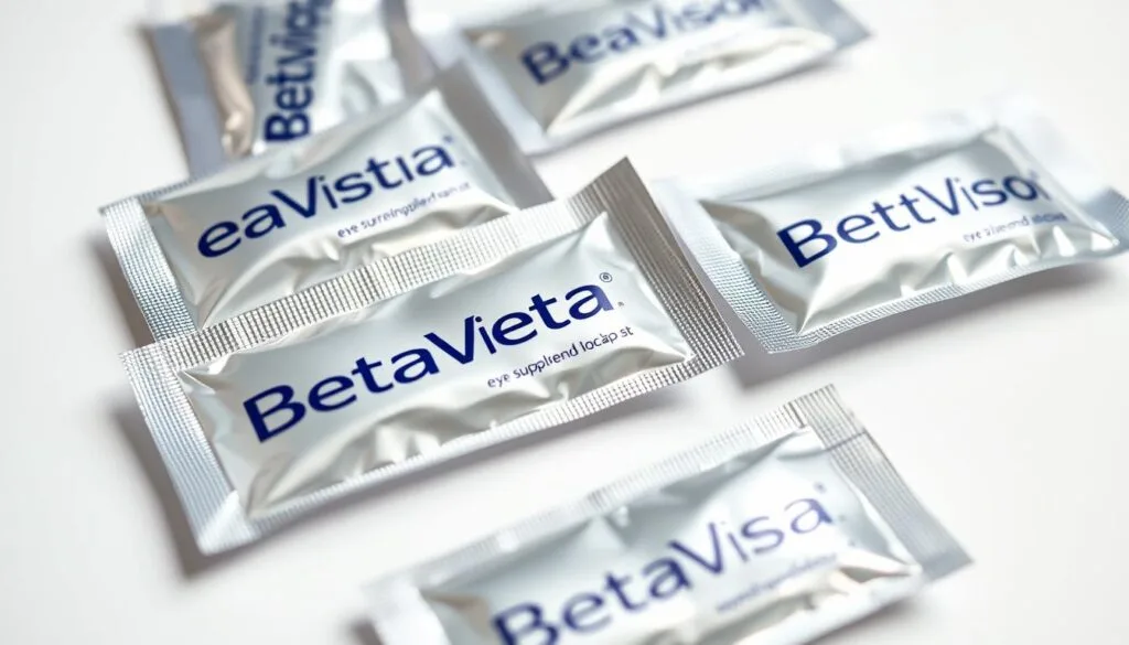 A well-lit, high-resolution, close-up photograph of several foil-wrapped BetaVision eye supplement sachets, arranged neatly on a plain white background. The sachets have a sleek, modern design with the BetaVision logo prominently displayed. The lighting is soft and even, highlighting the vibrant colors and textures of the packaging. The focus is sharp, capturing every detail of the sachets, from the perforated tear-strips to the subtle sheen of the foil. The overall composition is balanced and visually appealing, conveying a sense of professionalism and quality associated with the BetaVision brand.