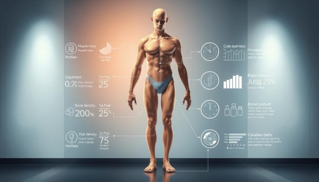 A well-lit, highly detailed full-body illustration showcasing the key benefits of body composition analysis. In the foreground, a person's physique is shown in a neutral pose, with a semi-transparent overlay highlighting the various body composition metrics such as muscle mass, fat percentage, bone density, and water content. In the middle ground, informative icons and data visualizations illustrate how these metrics can be used to track overall health, fitness progress, and nutritional needs. The background features a clean, minimalist design with subtle geometric patterns, creating a professional, scientific atmosphere. The lighting is soft and directional, accentuating the contours of the body and the clarity of the data visualizations. The overall mood is informative, authoritative, and visually engaging.