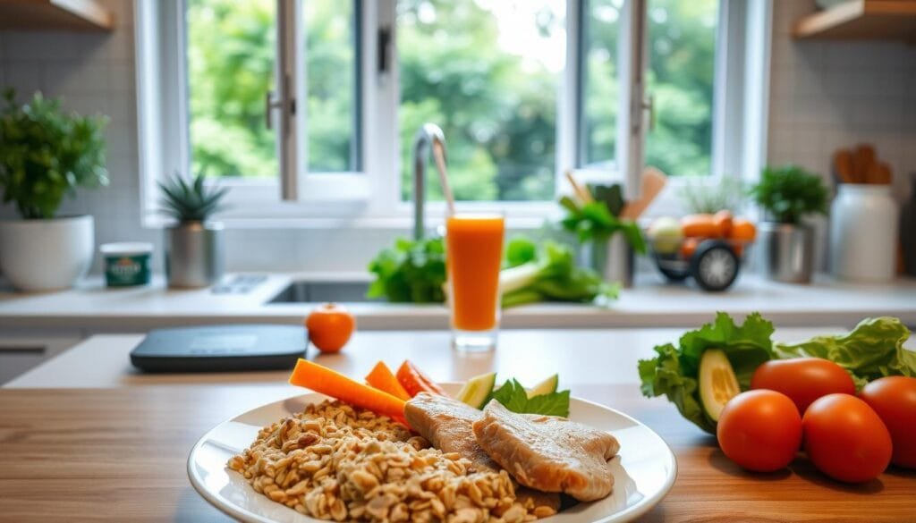 A well-lit, modern kitchen setting with healthy diabetic-friendly ingredients on the countertop. In the foreground, a plate of balanced meal portions including whole grains, lean protein, and fresh vegetables. On the middle ground, a digital scale and a nutrient-rich smoothie. In the background, an open window with a lush green garden view, conveying a sense of wellness and natural balance. The overall mood is calm, informative, and visually appealing, encouraging healthful eating habits for diabetic weight management.