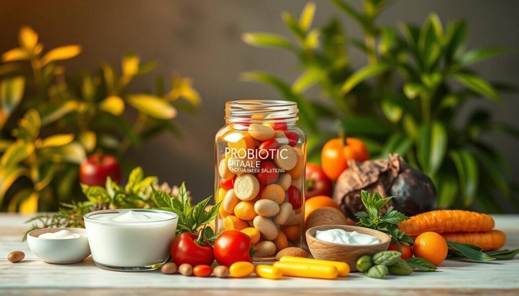 A well-lit, vibrant still life composition showcasing the health benefits of probiotics. In the foreground, an assortment of probiotic-rich foods like yogurt, kefir, and fermented vegetables arranged artfully. The middle ground features a glass jar filled with colorful probiotic supplements, their labels clearly visible. In the background, a blurred backdrop of lush, verdant plants symbolizing the natural, holistic nature of probiotics. Warm, golden lighting illuminates the scene, creating a sense of wellness and vitality. The overall mood is one of balance, purity, and the harmonious integration of nutrition and health.