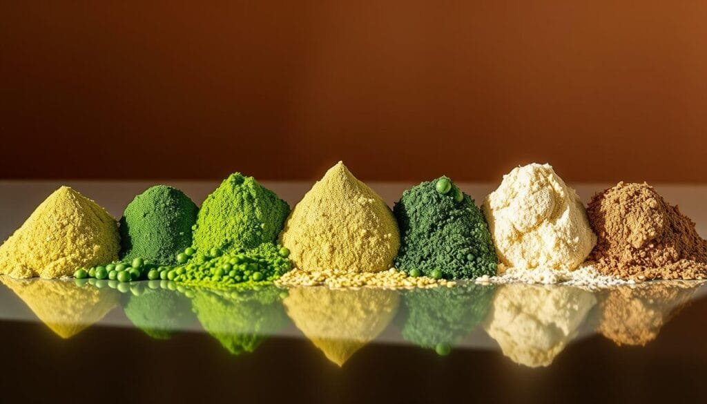 Barley grass powder, a vibrant green superfood, stands in a row alongside other superfoods like spirulina, chlorella, and wheatgrass. The powders are arranged neatly on a sleek, reflective surface, illuminated by warm, directional lighting that casts subtle shadows, highlighting their unique textures and hues. The frame is tightly composed, emphasizing the visual comparison between these nutrient-dense ingredients. The mood is clean, crisp, and informative, inviting the viewer to examine the subtle differences between these powerful plant-based supplements.