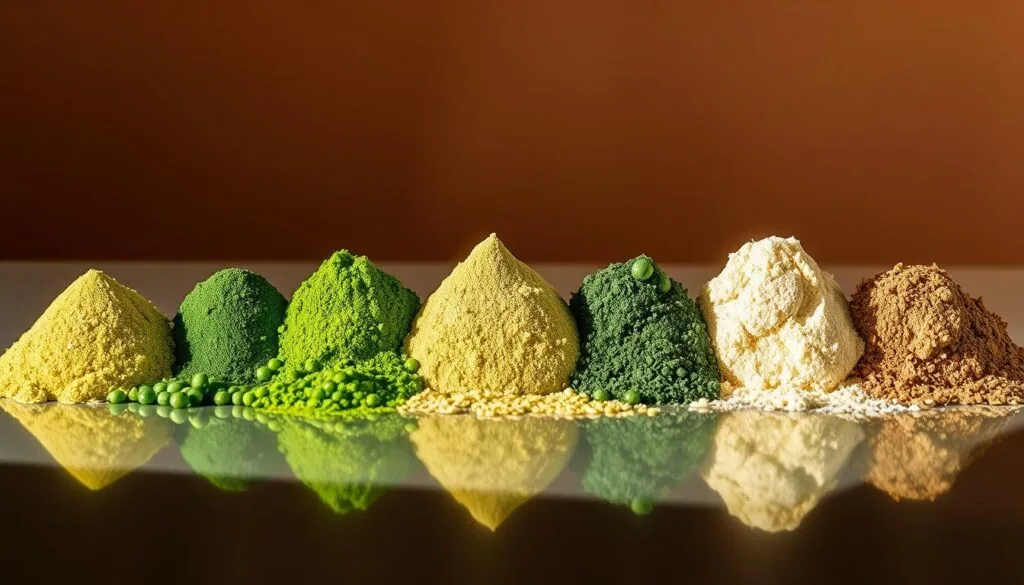 Barley grass powder, a vibrant green superfood, stands in a row alongside other superfoods like spirulina, chlorella, and wheatgrass. The powders are arranged neatly on a sleek, reflective surface, illuminated by warm, directional lighting that casts subtle shadows, highlighting their unique textures and hues. The frame is tightly composed, emphasizing the visual comparison between these nutrient-dense ingredients. The mood is clean, crisp, and informative, inviting the viewer to examine the subtle differences between these powerful plant-based supplements.