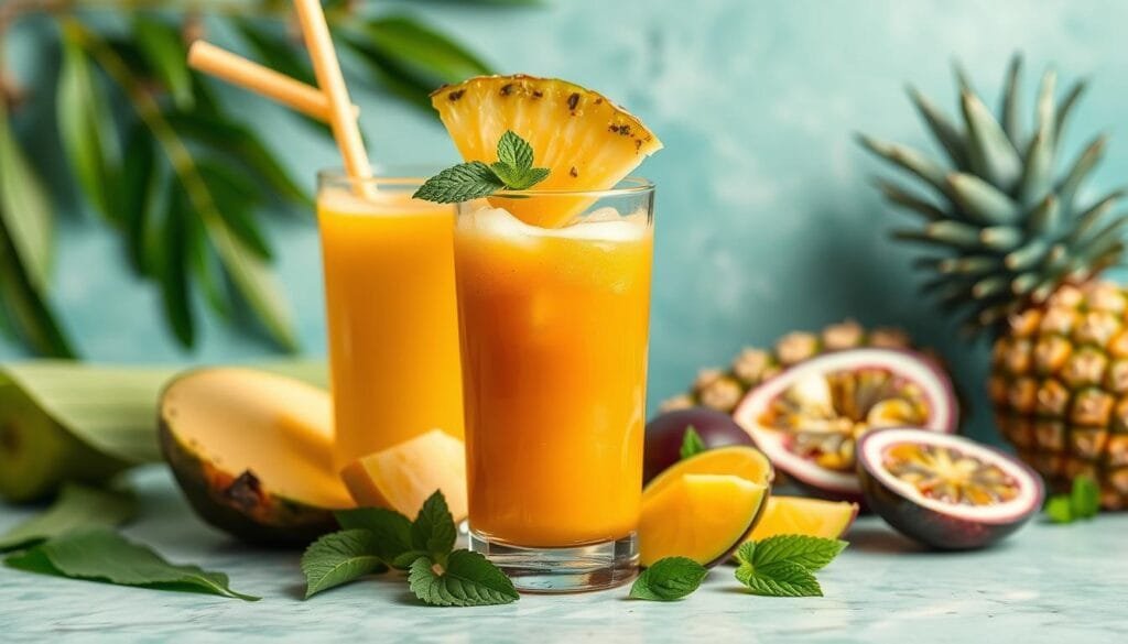 Create an image of a refreshing detox juice with Malaysian ingredients like pandan leaves and tropical fruits.