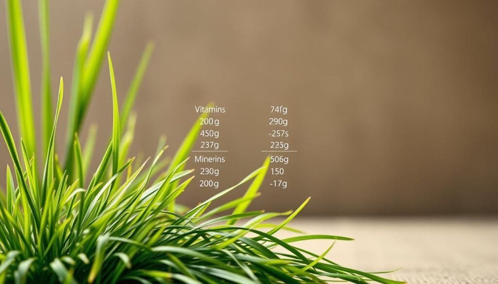 Detailed nutritional profile of barley grass in a clean, minimalist style. Crisp, high-resolution image with vivid colors. Foreground shows various nutrient components such as vitamins, minerals, and proteins, arranged in an elegant layout. Muted background features lush, verdant barley grass blades in soft focus. Warm, natural lighting casts gentle shadows, creating depth and dimension. Angle is slightly elevated to provide an overview of the complete nutritional breakdown. Composition is balanced and visually appealing, highlighting the health benefits of this superfood in a compelling, informative manner.