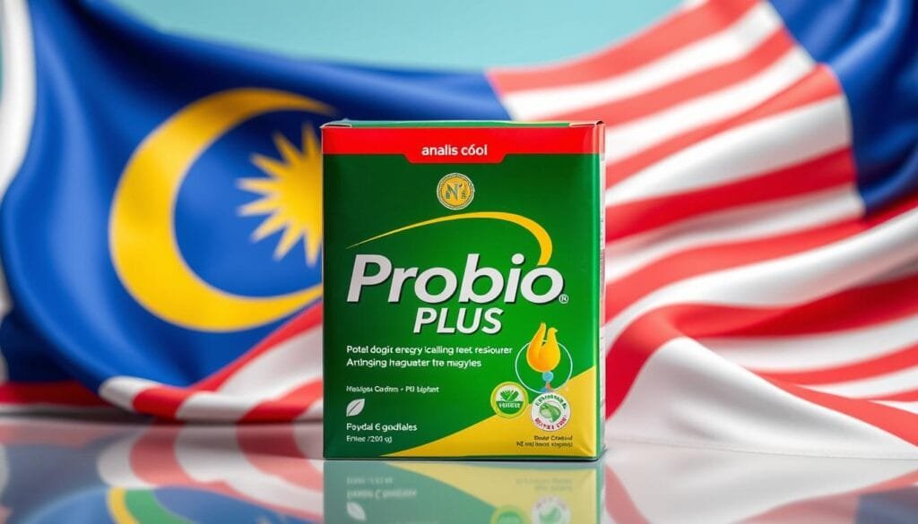 Generate an image of Probio Plus packaging with a Malaysian flag in the background